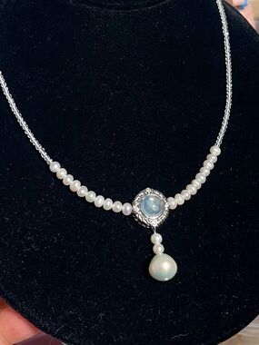 Freshwater Pearl Drop Necklace with Aquamarine & white crystal beads
